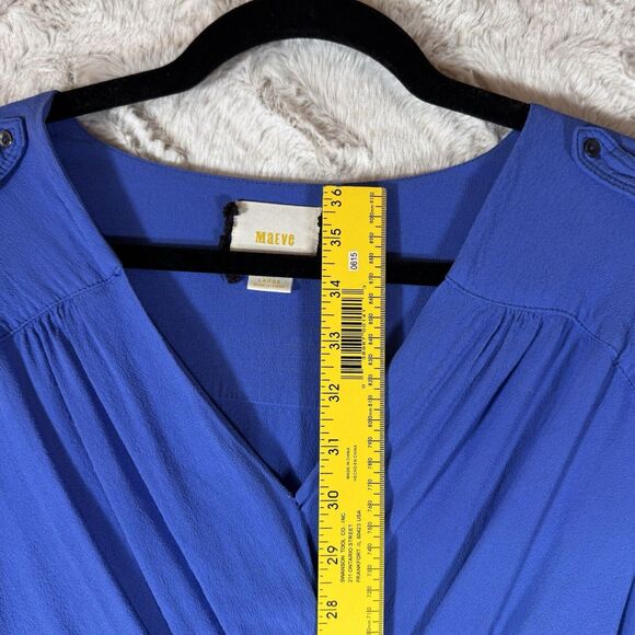 Anthropologie Maeve Dress L Lene Crepe Faux Wrap Pockets Blue Roll Tab Sleeve - Picture 12 of 15